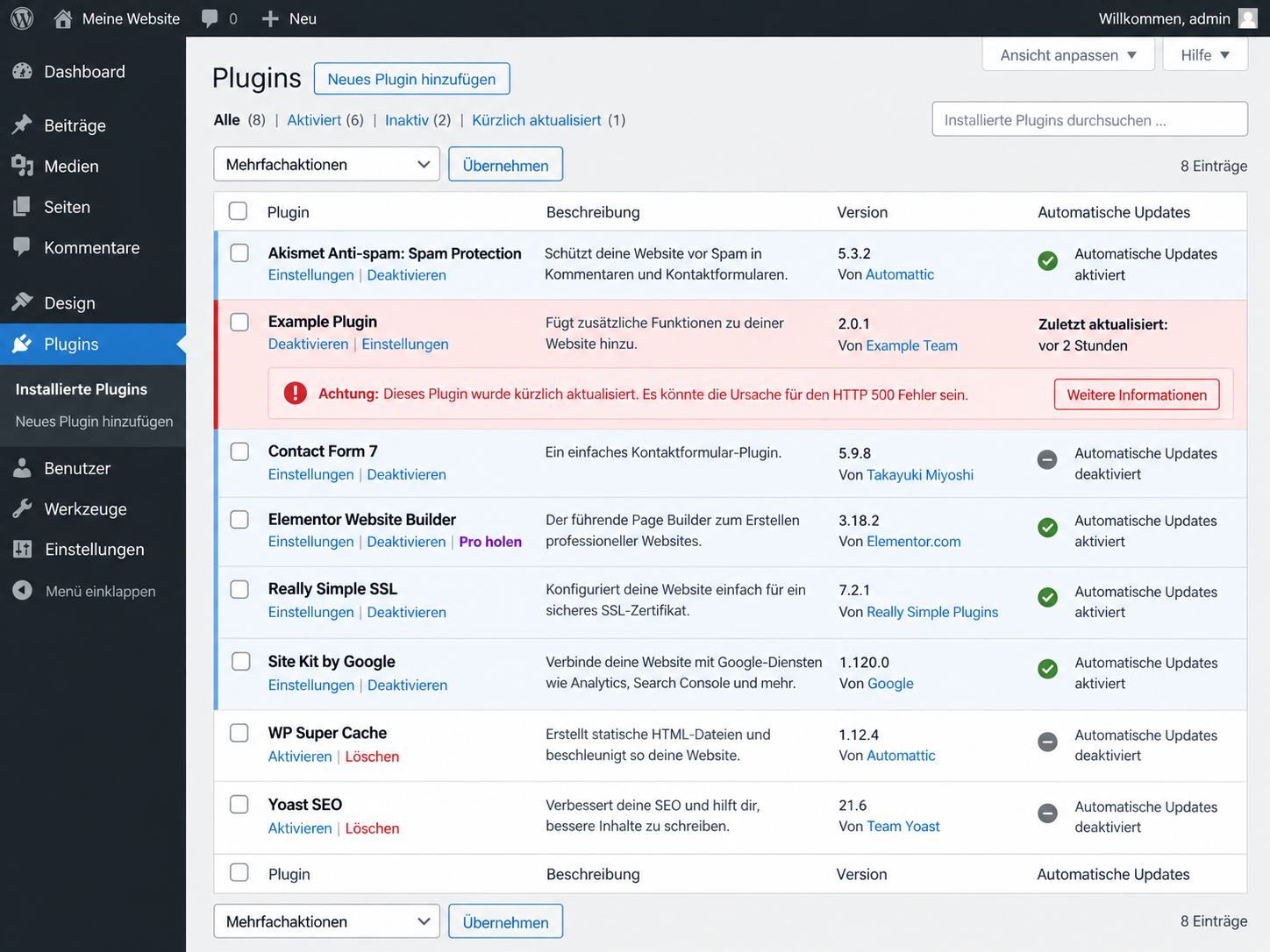 WordPress Plugin als mögliche Ursache für HTTP 500 Fehler