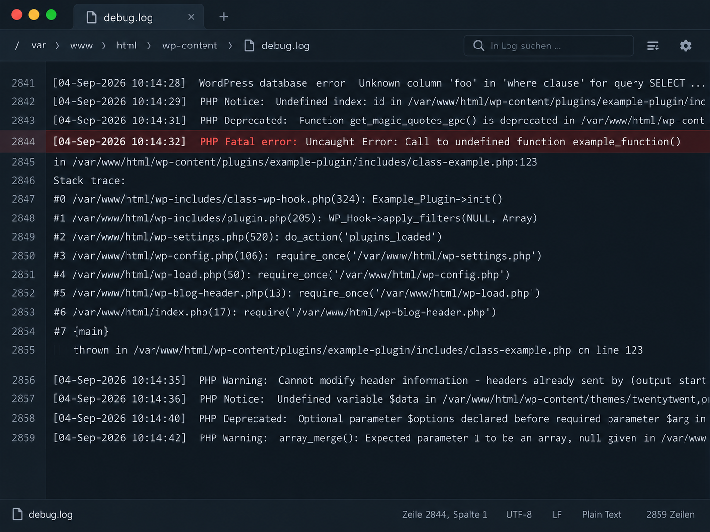 WordPress HTTP 500 Fehler im debug.log mit PHP Fatal Error