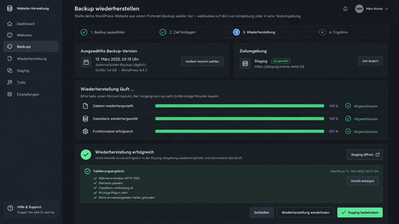 WordPress Backup in einer Testumgebung wiederherstellen