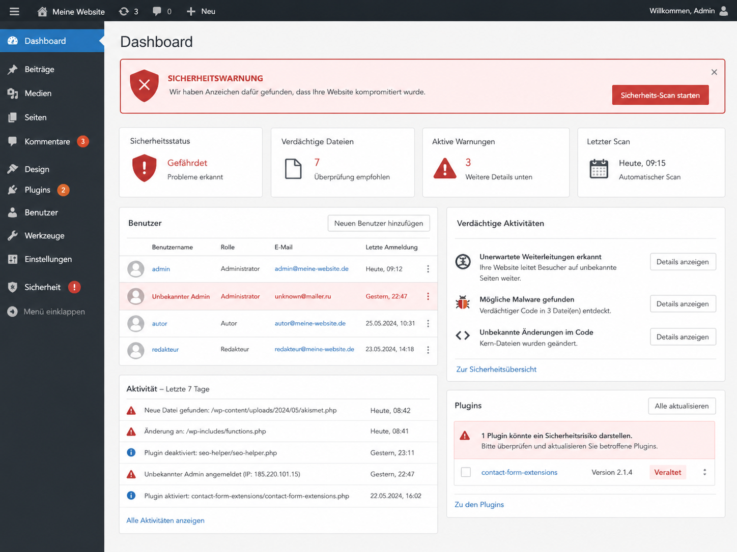 WordPress-Dashboard mit unbekanntem Administrator und Sicherheitswarnungen
