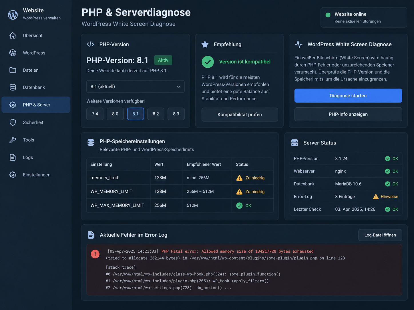 PHP Version und Memory Limit bei WordPress White Screen prüfen