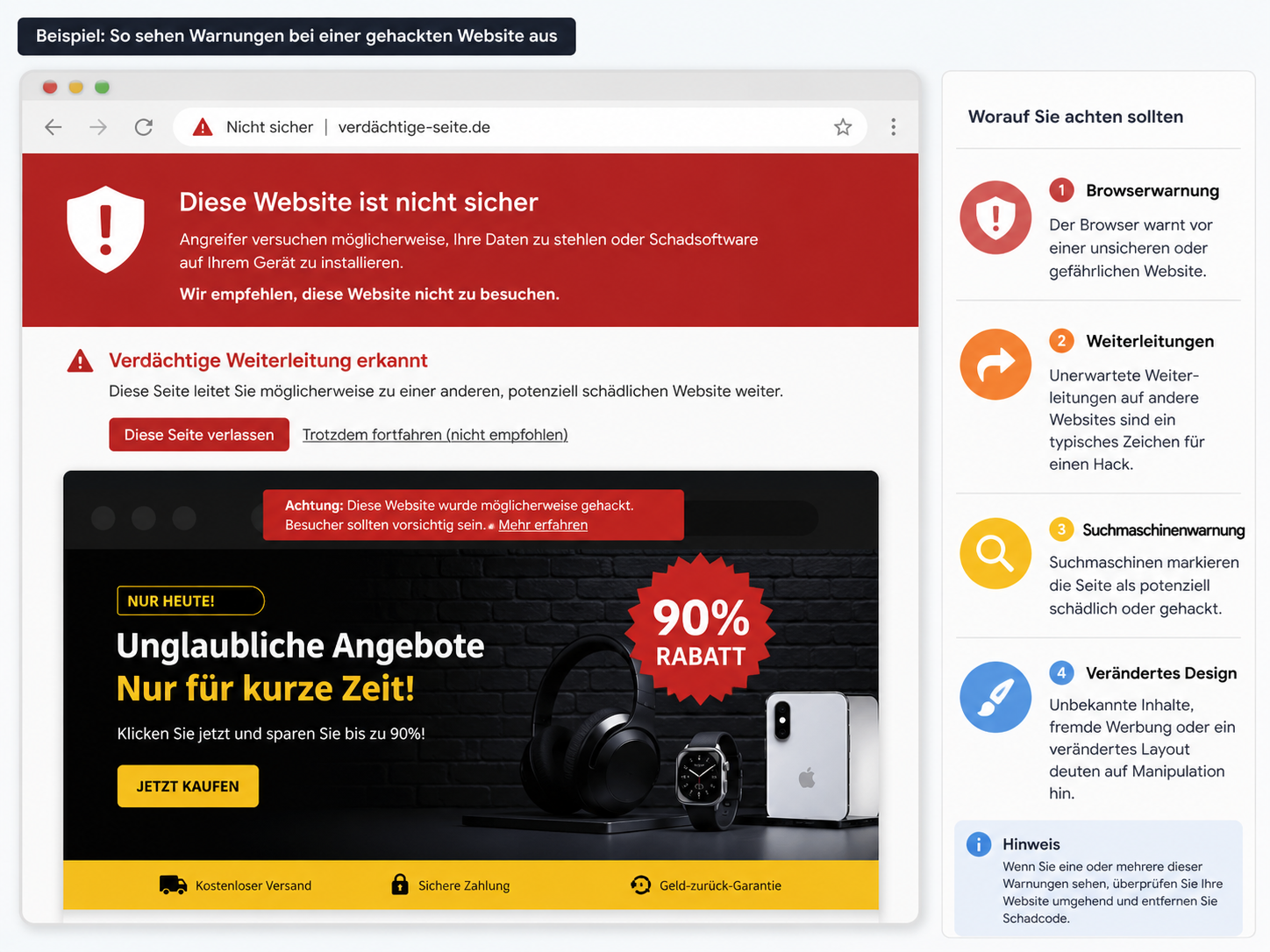 Typische Warnungen bei einer gehackten WordPress Website