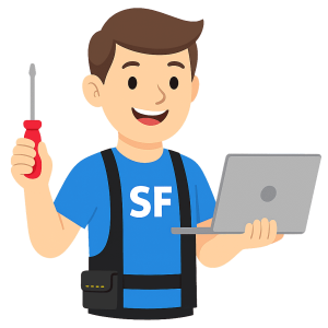 Malware Entefernung 3 Illustration eines Technikers mit SF-Shirt, Laptop und Schraubenzieher, Symbol für Webseiten-Reparatur und Support.