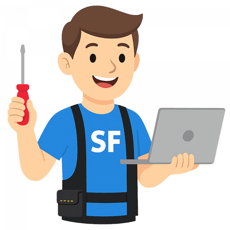 Illustration eines Technikers mit SF-Shirt, Laptop und Schraubenzieher, Symbol für Webseiten-Reparatur und Support.