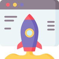 Website Performance Optimierung, Symbolische Darstellung eines Website-Launches: Rakete hebt vor Browserfenster ab – steht für WordPress Performance Optimierung, Geschwindigkeit und Projektstart.