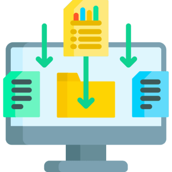 Illustration eines Monitors mit herunterladbaren Dokumenten und Ordnern, Symbol für Datensammlung, Datenimport und Datenmanagement. wordpress website umziehen
