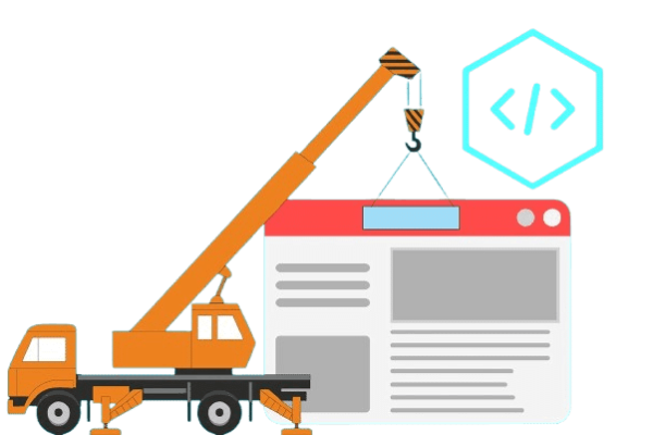 webentwicklung-symbol-website-erstellen-baukraan-html.png Illustration zur Website Reparatur : Baukran hebt Website-Elemente, Symbol für Webentwicklung, Programmierung und Webseitenaufbau mit HTML-Code-Symbol.